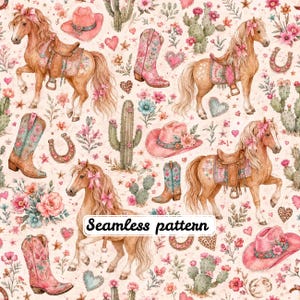 Könnte beinhalten: Ein nahtloses Muster mit hellbraunen Pferden mit rosa Schleifen, rosa Cowboyhüten, geblümten Cowboystiefeln, grünen Kakteen, Hufeisen und Herzen auf cremefarbenem Grund. Der Text Seamless pattern ist mittig im Bild platziert.
