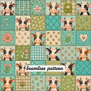 May include: A patchwork-style fabric design featuring a repeating grid of squares with illustrations of cows, floral motifs, and gingham patterns in shades of teal, green, and cream. The text Seamless pattern is centred across the image.
