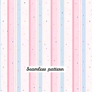 Pode incluir: Um padrão sem costuras com riscas verticais em tons de rosa claro, branco e azul pálido. O design é acentuado com pequenos pontos dispersos em azul escuro e rosa por todo o fundo. O texto Seamless pattern está centrado.