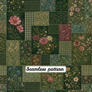 May include: A seamless pattern featuring a patchwork design of rectangular blocks in various shades of dark green. The blocks display botanical illustrations of pink, white, yellow, and blue flowers, along with green plaid textures and text.