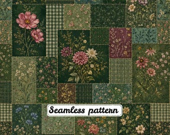 Papel digital JPG con estampado floral vintage verde bosque, patchwork sin costuras y diseño botánico a cuadros estilo cottagecore oscuro.