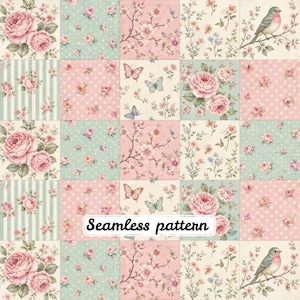 May include: A grid of square tiles featuring a seamless pattern of pink roses, blue and pink butterflies, small birds on branches, white polka dots on pink and blue backgrounds, and vertical stripes with floral accents. The text Seamless pattern is visible.