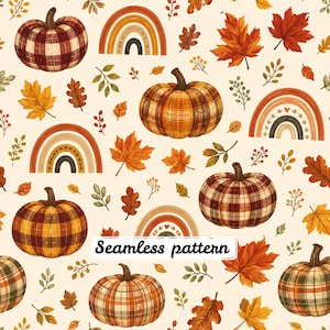 May include: A seamless pattern featuring illustrated pumpkins with plaid textures, orange and brown autumn leaves, and arched rainbows in shades of orange, tan, and dark brown on a cream background. The text Seamless pattern is centred.