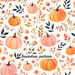Pink Pumpkin Floral Seamless Pattern Watercolor Fall Fabric Autumn Flowers Cottagecore Textile Digital Paper JPG