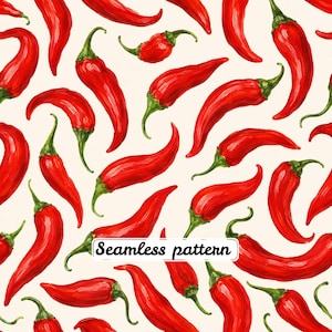 Könnte beinhalten: Ein nahtloses Muster mit zahlreichen leuchtend roten Chilischoten mit grünen Stielen, die auf einem hellen cremefarbenen Hintergrund verteilt sind. Die Abbildung enthält den Text Seamless pattern in schwarzer Schreibschrift.