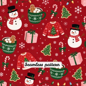 Op de afbeelding: Een naadloos patroon op een rode achtergrond met illustraties van sneeuwmannen met zwarte hoeden en rode sjaals, groene mokken met peperkoekmannetjes, roze cadeautjes, rode truien met kerstbomen en rood-witte zuurstokken.