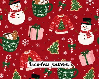 Patrón navideño acogedor sin costuras, lindos íconos navideños de invierno, tela de muñeco de nieve, taza de cacao y bastón de caramelo, papel digital navideño festivo JPG