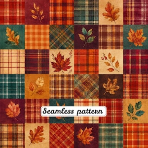 Pode incluir: Um design têxtil em grelha com quadrados alternados de vários padrões xadrez em vermelho, laranja, verde e castanho, intercalados com ilustrações de folhas de outono e o texto Seamless pattern.
