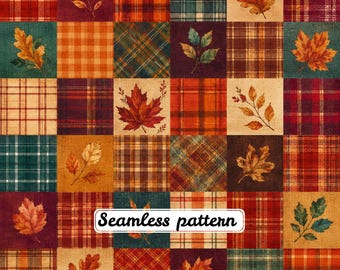 Patrón sin costuras de patchwork a cuadros otoñales, hojas de otoño, colcha rústica de tartán, estilo cottagecore, Día de Acción de Gracias, papel digital JPG