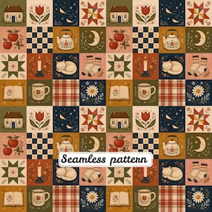 May include: A seamless pattern featuring a grid of square illustrations including houses, tulips, stars, apples, teapots, moons, cats, socks, candles, books, and daisies in a warm color palette. The text Seamless pattern is centered.