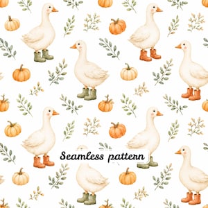 Autumn Goose Seamless Pattern JPG, Watercolor Duck with Rain Boots Digital Paper, Pumpkin Cottagecore Farm Fabric Print, Fall Goose Repeat