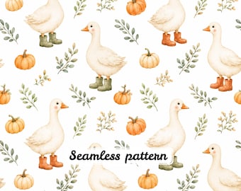Motif sans couture d'oies d'automne (JPG), papier numérique aquarelle canard avec bottes de pluie, imprimé textile style champêtre citrouille, motif d'oies d'automne répété