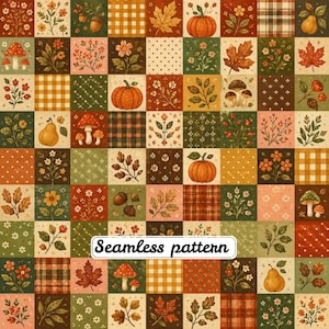 Patrón sin costuras de patchwork otoñal, papel digital vintage de otoño con calabazas, setas, hojas y cuadros JPG