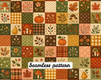Patrón sin costuras de patchwork otoñal, papel digital vintage de otoño con calabazas, setas, hojas y cuadros JPG