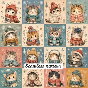 Whimsical Winter Kittens Patchwork Seamless Pattern | Cute Cozy Christmas Cats Fabric | Nursery Digital Paper