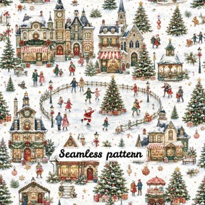 Naadloos patroon van een vintage kerstdorp, vakantiestadje op aquarelstof, schaatsende winterscène, katoenen print voor kerstquilt