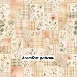 May include: A seamless pattern featuring a patchwork design of rectangular blocks. The blocks display watercolour illustrations of wildflowers, grasses, and eucalyptus leaves alongside plaid, gingham, and solid beige textures. Text reads Seamless pattern.