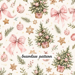 Pode incluir: Um padrão contínuo com ilustrações em aguarela de árvores de Natal em cestos, ornamentos cor-de-rosa, laços cor-de-rosa claro, estrelas de pão de mel e ramos de pinheiro num fundo creme. O texto Seamless pattern está centrado.