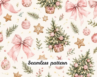 Patrón navideño rosa sin costuras JPG | Árboles navideños coquetos en acuarela, osito de peluche y camión antiguo | Papel digital navideño adorable