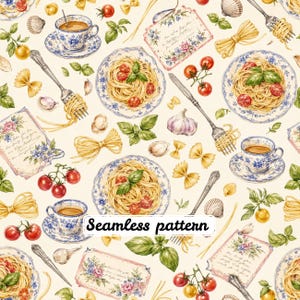 Puede incluir: Un patrón continuo con ilustraciones de espaguetis en platos con motivos azules y blancos, tazas de café, tenedores de plata, tomates cherry, dientes de ajo, hojas de albahaca y tarjetas florales rectangulares sobre un fondo crema.