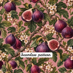 Könnte beinhalten: Ein nahtloses Muster mit dunkelvioletten Feigen und weißen Blüten auf einem altrosa Hintergrund. Das Design zeigt ganze Feigen, halbierte Feigen mit rotem Fruchtfleisch, grüne Blätter und holzige Zweige. Der Text Seamless pattern ist sichtbar.