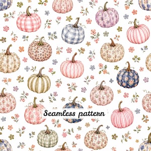 Könnte beinhalten: Ein nahtloses Muster mit Aquarell-Kürbissen in verschiedenen Farben und Texturen, darunter Rosa, Blau und Beige, verziert mit Blumen-, Karomustern und Streifen, durchsetzt mit kleinen Blumen und Blättern auf einem weißen Hintergrund.