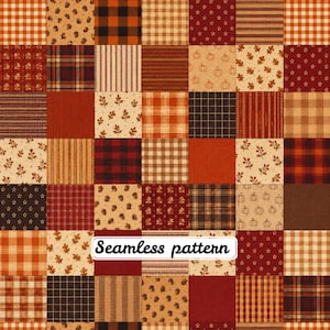 Autumn Patchwork Seamless Pattern | Fall Quilt Fabric Digital Paper | Rustic Plaid Pumpkin Quilting Print JPG