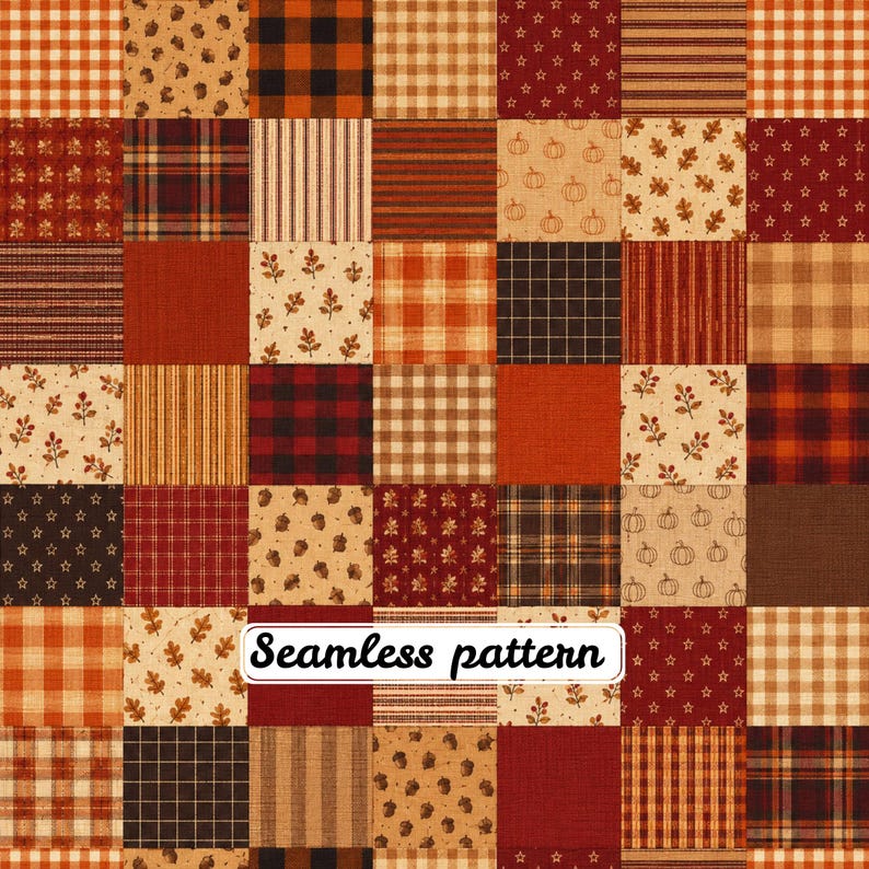 Autumn Patchwork Seamless Pattern | Fall Quilt Fabric Digital Paper | Rustic Plaid Pumpkin Quilting Print JPG image 1