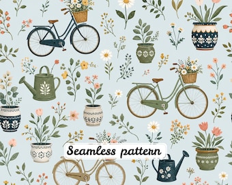 Cottage Garden Bicycle Seamless Pattern | Vintage Floral Bikes & Watering Cans | Watercolor Spring Botanical Fabric JPG