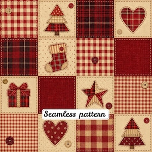 Puede incluir: Un diseño de tela de patchwork con una cuadrícula de cuadrados en cuadros vichy rojos y blancos, rojo sólido y patrones de tartán. Los elementos decorativos incluyen árboles de Navidad, corazones, estrellas, calcetines y regalos con botones.