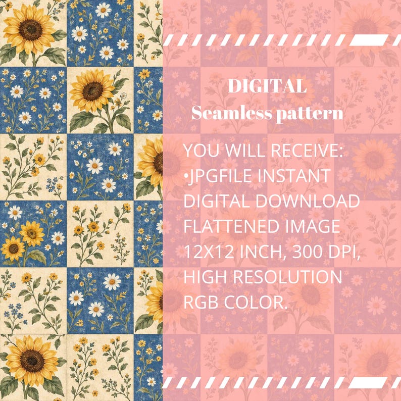 Vintage Sunflower & Daisy Patchwork Seamless Pattern, Blue Cream Floral ...