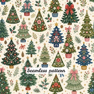 May include: A seamless pattern featuring various illustrated Christmas trees in shades of green, blue, and cream, decorated with flowers, bows, and stars, interspersed with holly, pinecones, and sprigs, with the text Seamless pattern.