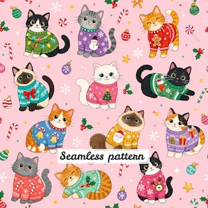 May include: A seamless pattern on a light pink background featuring various cats wearing festive holiday sweaters. The cats are illustrated in a cartoon style, surrounded by small Christmas ornaments, candy canes, snowflakes, and holly leaves.