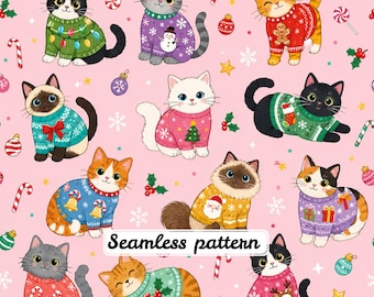 Julkatter sömlösa mönster, söt julkattunge digitalt papper, mysig jultröja katt tygtryck, rosa jultapet, JPG