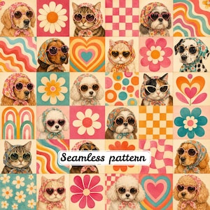 Pode incluir: Um padrão contínuo apresentando uma grade de vários gatos e cães usando lenços e óculos de sol, intercalados com flores, corações, linhas onduladas e quadrados xadrez coloridos. O texto "Seamless pattern" está centralizado.
