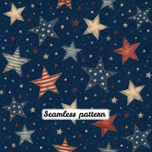 Vintage Patriotic Stars Seamless Pattern, Americana Rustic Star Fabric, Primitive USA Folk Print, Fourth of July Digital Paper JPG