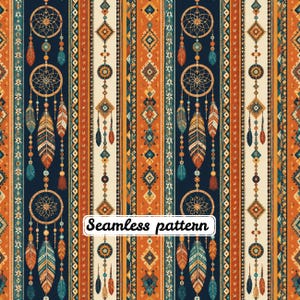 Könnte beinhalten: Ein nahtloses Muster mit vertikalen Streifen, Traumfängern, Federn und geometrischen Formen in Marineblau, Orange und Creme. Das Design zeigt wiederkehrende Motive von kreisförmigen Traumfängern mit hängenden Federn und Perlen, durchsetzt mit komplexen Rauten- und Linienmustern. Der Text "Seamless pattern" ist in Schwarz auf einem weißen rechteckigen Hintergrund in der unteren Mitte aufgedruckt.