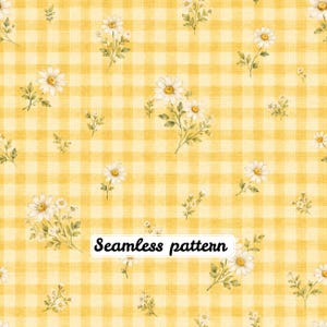 Pode incluir: Um padrão sem costuras com um fundo de xadrez vichy amarelo e branco decorado com pequenos grupos de margaridas brancas com centros amarelos e folhas verdes. O texto Seamless pattern está impresso a preto no centro.