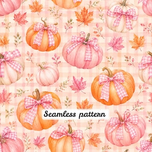 Könnte beinhalten: Ein nahtloses Muster mit Aquarellillustrationen von orangefarbenen und rosafarbenen Kürbissen, die jeweils mit einer rosa-weiß karierten Schleife verziert sind, durchsetzt mit herbstlichen Ahornblättern und kleinen Zweigen auf einem rosa-weiß karierten Hintergrund.