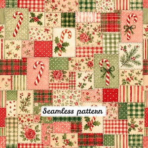 Puede incluir: Un patrón sin costuras con un diseño de patchwork de bloques rectangulares en rojo, verde y crema. Los bloques muestran bastones de caramelo, ramas de acebo, rosas, cuadros y estampados de vichy. El texto Seamless pattern está centrado.
