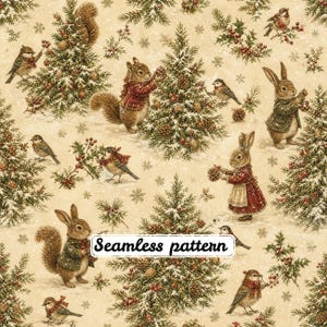 Vintage Woodland Christmas Seamless Pattern, Watercolor Forest Animals Digital Paper, Rustic Holiday Bunny & Squirrel Fabric Print, JPG