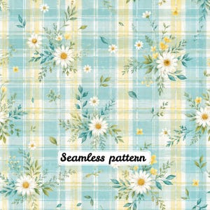 Pode incluir: Um padrão sem costuras com um fundo de xadrez azul-claro e amarelo, sobreposto com ilustrações em aguarela de margaridas brancas, pequenas flores amarelas e folhagem verde. O texto "Seamless pattern" está centrado.