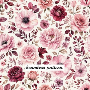 Peut inclure: Un motif sans couture représentant une variété de fleurs de style aquarelle dans des tons de rose poudré, bordeaux profond et mauve doux. Le design inclut des roses, des pivoines et des anémones avec un feuillage sombre sur fond crème, avec le texte Seamless pattern.