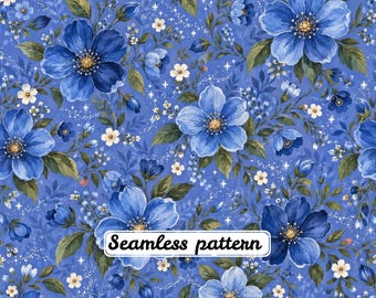 Patrón floral azul en acuarela sin costuras, grandes flores de color cobalto, hojas verdes, estrellas celestiales, papel digital botánico JPG