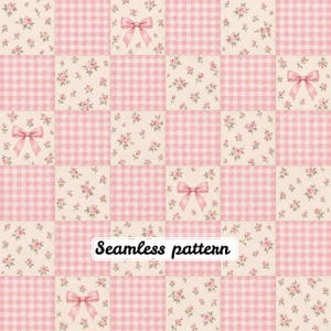 May include: A seamless pattern featuring a checkered grid of alternating squares. Some squares display a light pink gingham pattern, while others feature a cream background with small pink floral prints or light pink bows. Text reads Seamless pattern.
