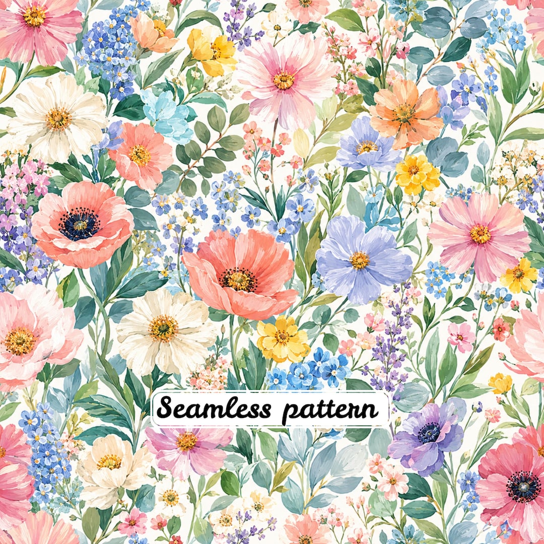 Spring Meadows Layout Wildflower Meadow Watercolor Seamless Pattern, Cottage Garden Floral ...