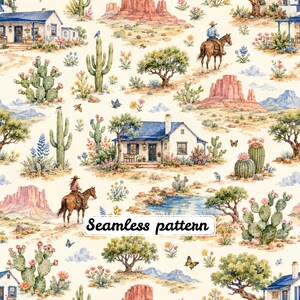 Southwestern Desert Homestead Seamless Pattern, Watercolor Western Ranch Cactus Cowboy Cottage Landscape Fabric JPG
