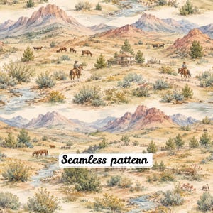 Può includere: Un motivo continuo che raffigura un paesaggio ad acquerello di una valle desertica con montagne di roccia rossa, un ruscello tortuoso, arbusti sparsi, cavalli e bestiame al pascolo e cavalieri. Il testo Seamless pattern è centrato.