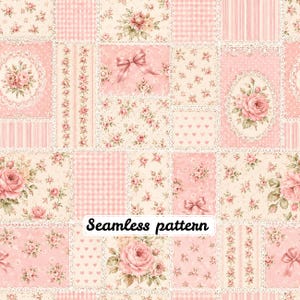 Nahtloses Patchworkmuster mit rosa Rosen im Vintage-Stil | Shabby Chic Blumenquiltstoff | Cottagecore Spitze Digitalpapier (JPG)
