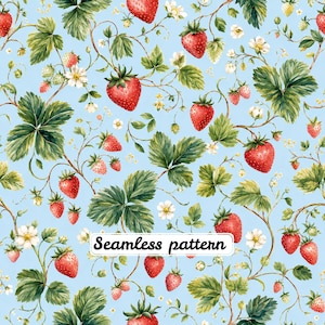 Pode incluir: Um padrão contínuo com morangos vermelhos, folhas verdes e flores brancas sobre um fundo azul claro. O texto Seamless pattern está impresso a preto no centro da imagem, rodeado pelas ilustrações botânicas de morangos.